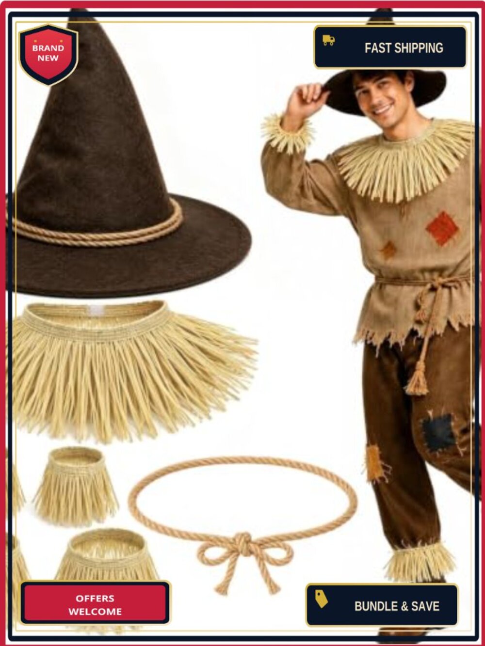 Adult Scarecrow Costume Accessory Set 7 Piece Hat Straw Cuffs Belt Halloween
